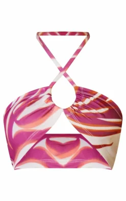 Pink Zebra Print Halterneck Ruched Bikini Top