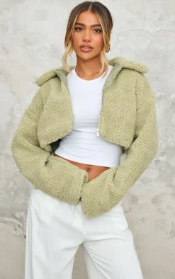Pistachio Cropped Borg Zip Up Jacket