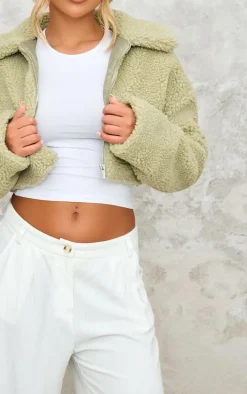 Pistachio Cropped Borg Zip Up Jacket