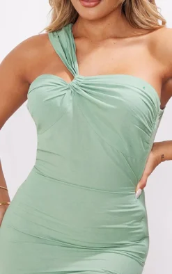 Pistachio Linen Look One Shoulder Knot Detail Bodycon Dress