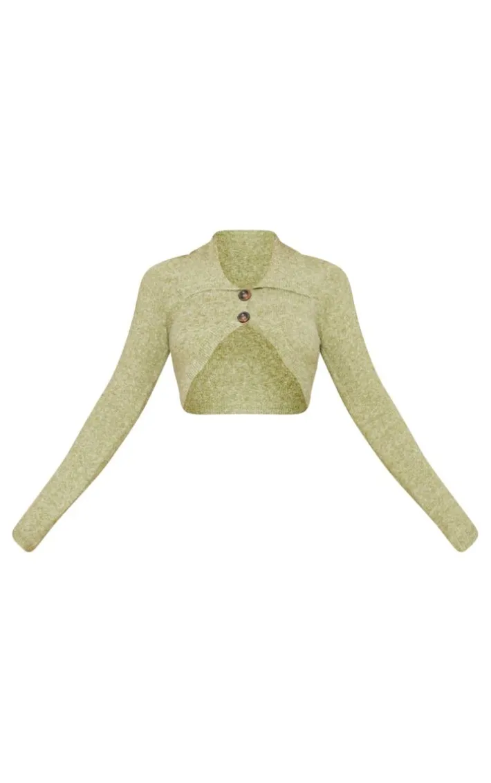 Pistachio Luxe Knit Button Front Curved Crop Cardigan