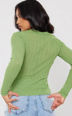 Pistachio Sheer Rib Knit V Neck Long Sleeve Top