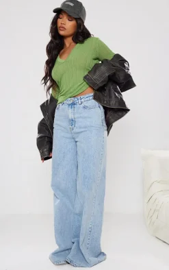 Pistachio Sheer Rib Knit V Neck Long Sleeve Top