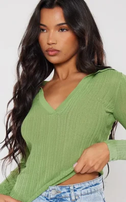 Pistachio Sheer Rib Knit V Neck Long Sleeve Top
