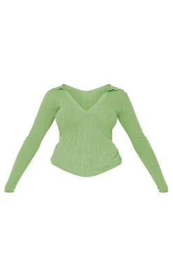 Pistachio Sheer Rib Knit V Neck Long Sleeve Top