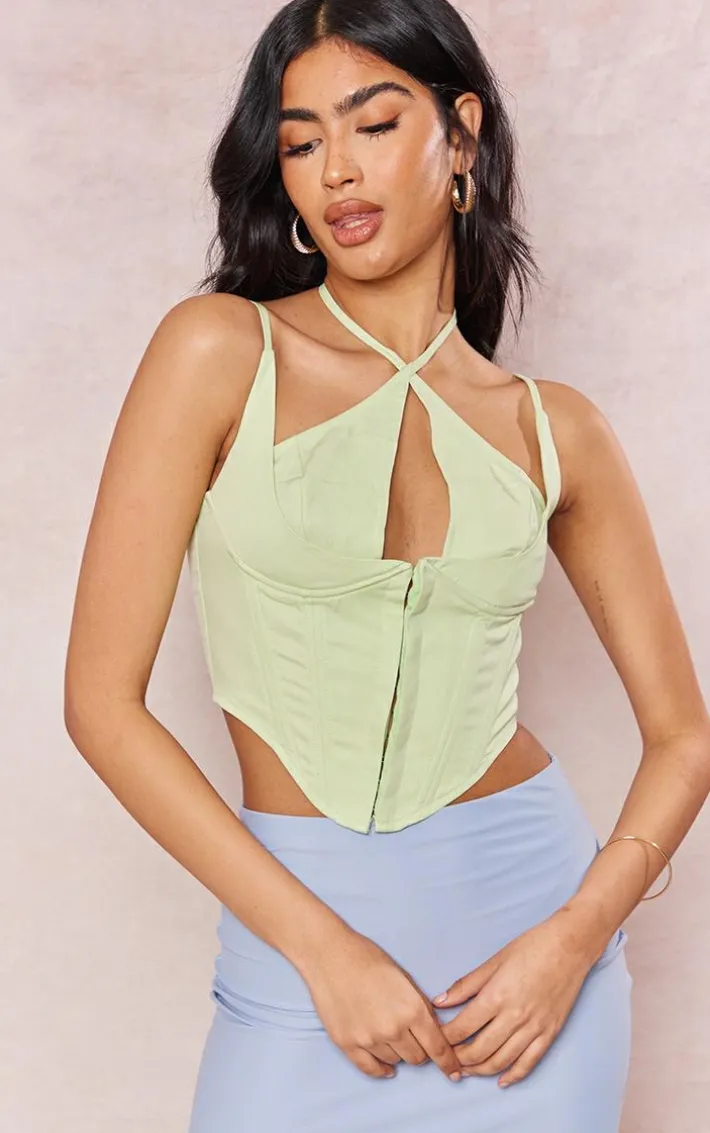 Pistachio Woven Hook And Eye Halter Neck Corset