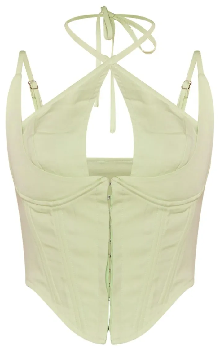Pistachio Woven Hook And Eye Halter Neck Corset