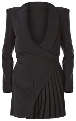 PLT Label Black Asymmetric Pleated Blazer Dress