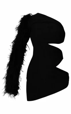PLT Label Black Bandage Mesh One Sleeve Feather Detail Bodycon Dress