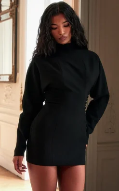 PLT Label Black Batwing Sleeved Pleated Bodycon Dress