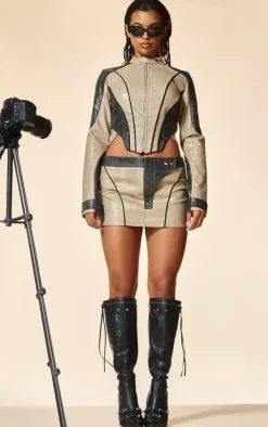 PLT Label Black Contrast Panel Detail Faux Leather Micro Mini Skirt