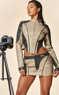 PLT Label Black Contrast Panel Detail Faux Leather Micro Mini Skirt