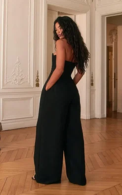 PLT Label Black Corset Bust Detail Wide Leg Tailored Jumpsuit