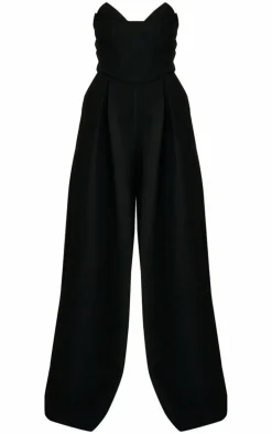 PLT Label Black Corset Bust Detail Wide Leg Tailored Jumpsuit