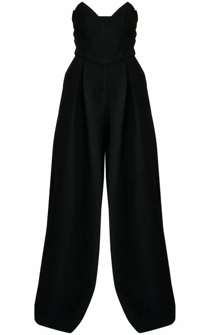 PLT Label Black Corset Bust Detail Wide Leg Tailored Jumpsuit