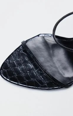 PLT Label Black Croc Faux Leather Barely There Point Toe High Heels