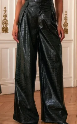 PLT Label Black Croc Faux Leather Wide Leg Tailored Pants