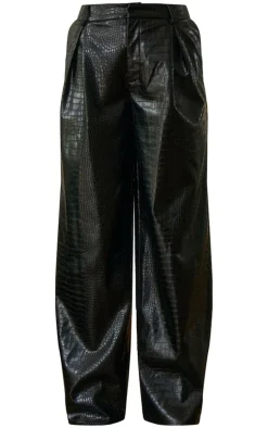 PLT Label Black Croc Faux Leather Wide Leg Tailored Pants