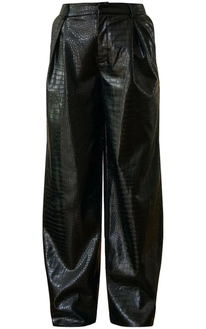 PLT Label Black Croc Faux Leather Wide Leg Tailored Pants