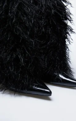 PLT Label Black Faux Shearling High Heeled Ankle Boots