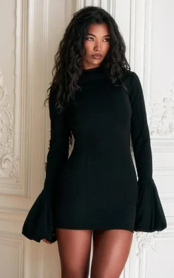 PLT Label Black High Neck Puff Sleeve Bodycon Dress