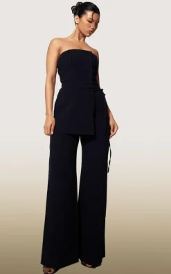 PLT Label Black Overlay Panel Lace Up Tailored Jumpsuit