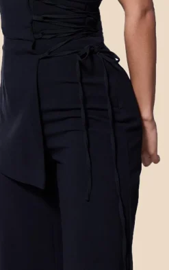 PLT Label Black Overlay Panel Lace Up Tailored Jumpsuit