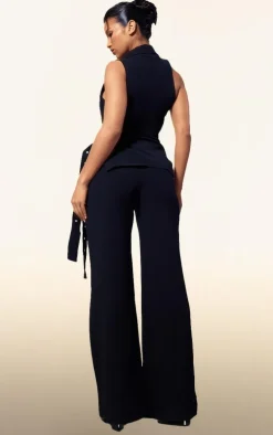 PLT Label Black Tailored Vest Belt Detail Jumpsuit