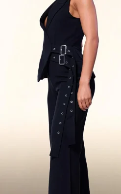 PLT Label Black Tailored Vest Belt Detail Jumpsuit