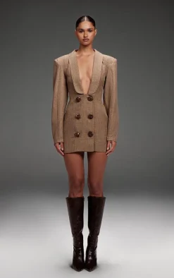 PLT Label Brown Textured Button Plunge Blazer Dress