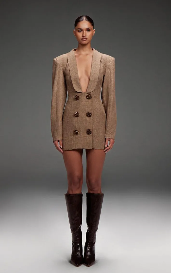 PLT Label Brown Textured Button Plunge Blazer Dress