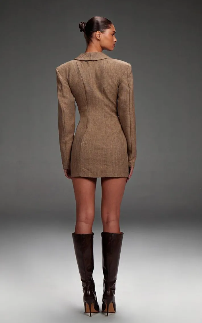 PLT Label Brown Textured Button Plunge Blazer Dress