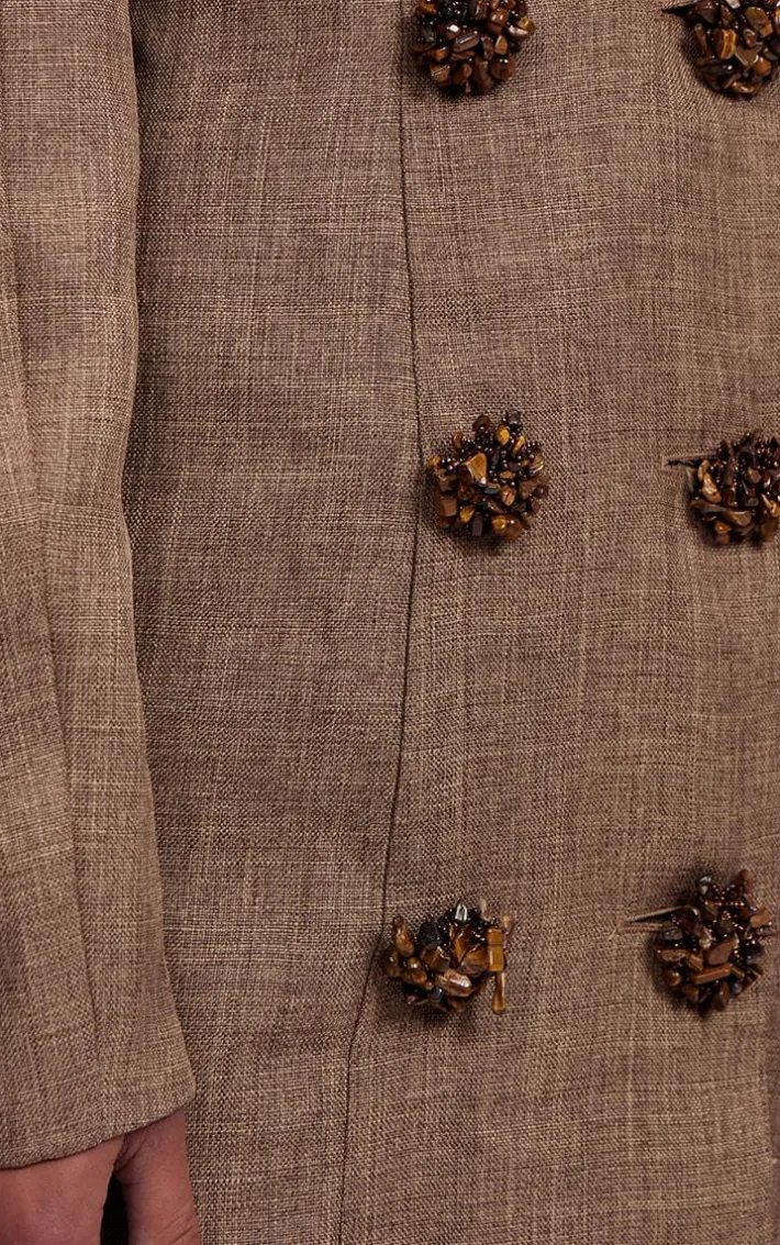PLT Label Brown Textured Button Plunge Blazer Dress