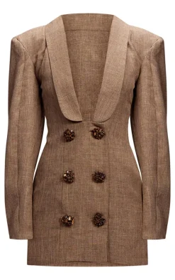PLT Label Brown Textured Button Plunge Blazer Dress