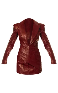 PLT Label Burgundy Croc Faux Leather Pleated Blazer Dress