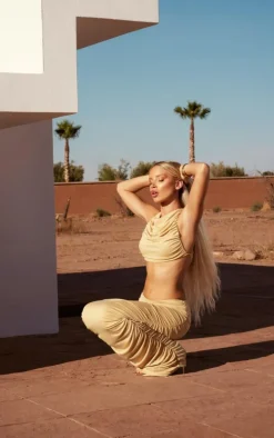 PLT Label Butter Yellow Ruched Sleeveless Crop Top