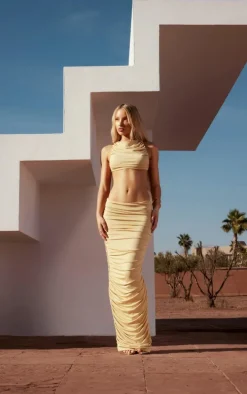 PLT Label Butter Yellow Ruched Sleeveless Crop Top