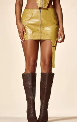 PLT Label Camel Faux Leather Strap Detail Mini Skirt