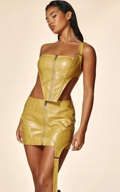 PLT Label Camel Faux Leather Strap Detail Mini Skirt