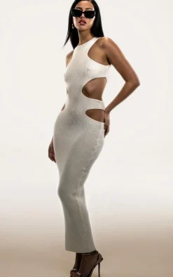 PLT Label Cream Knitted Cut Out Racer Neck Maxi Dress
