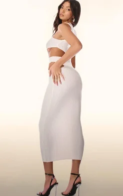 PLT Label Cream Knitted Cut Out Racer Neck Maxi Dress