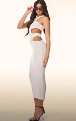 PLT Label Cream Knitted Cut Out Racer Neck Maxi Dress