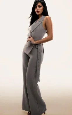PLT Label Grey Tailored Vest Belt Detail Jumpsuit