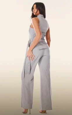PLT Label Grey Tailored Vest Belt Detail Jumpsuit