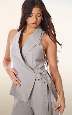 PLT Label Grey Tailored Vest Belt Detail Jumpsuit