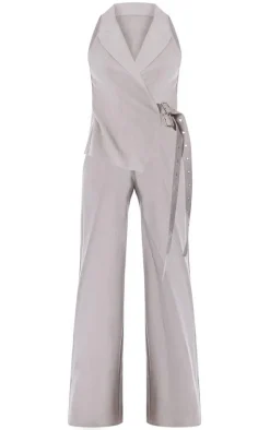 PLT Label Grey Tailored Vest Belt Detail Jumpsuit