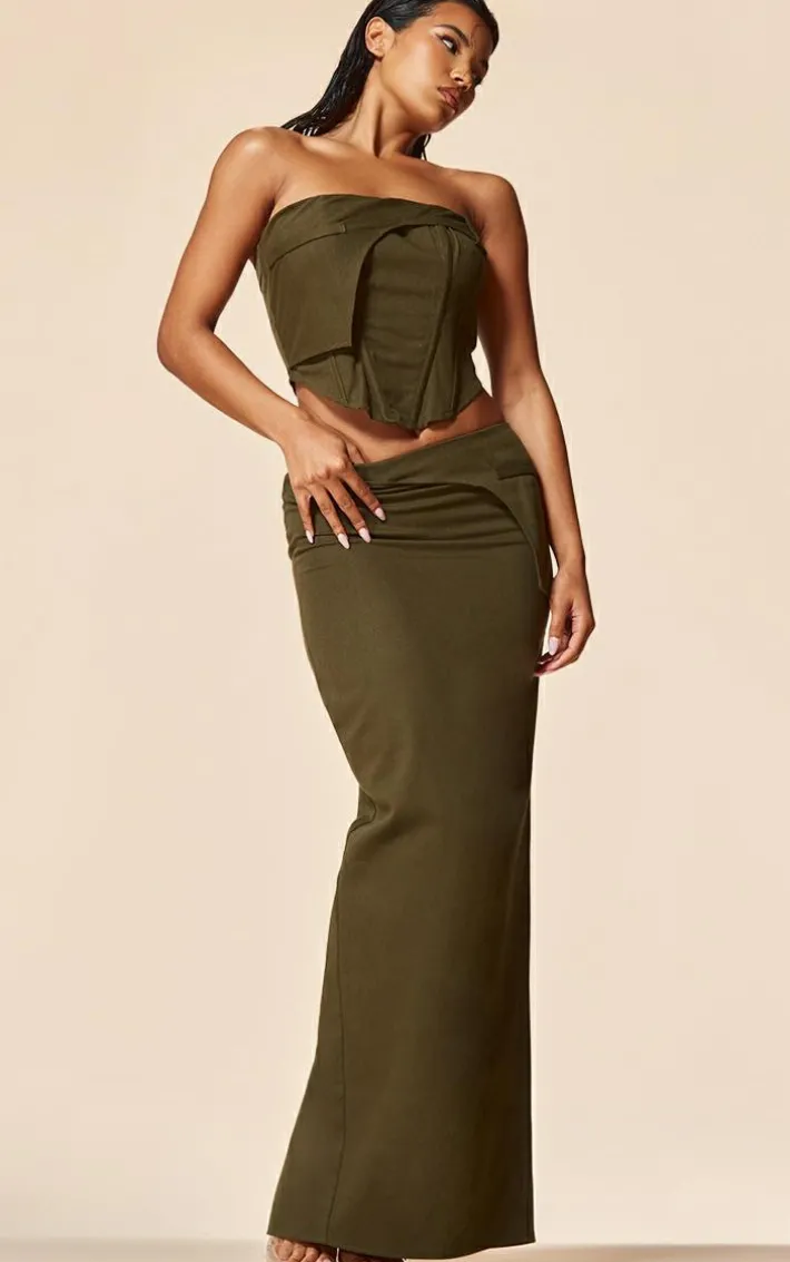 PLT Label Khaki Twill Panel Detail Maxi Skirt