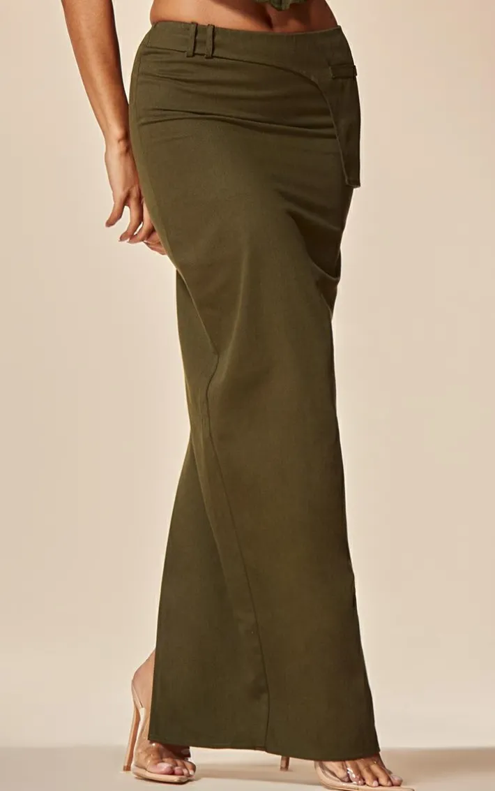 PLT Label Khaki Twill Panel Detail Maxi Skirt