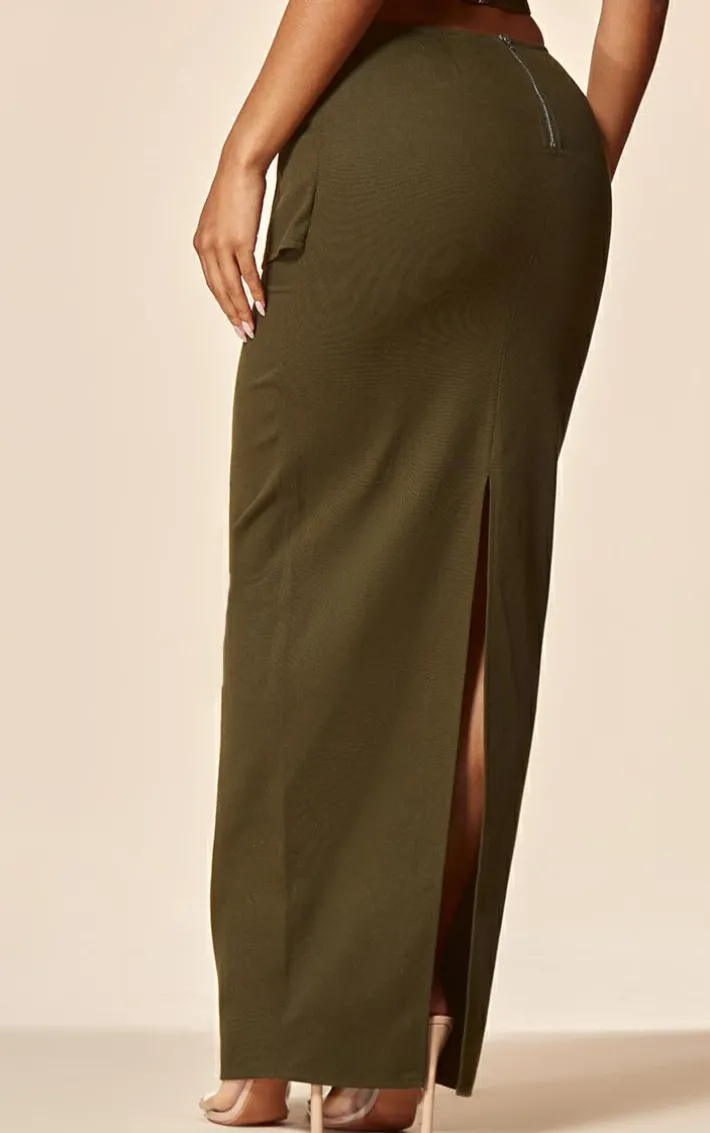 PLT Label Khaki Twill Panel Detail Maxi Skirt