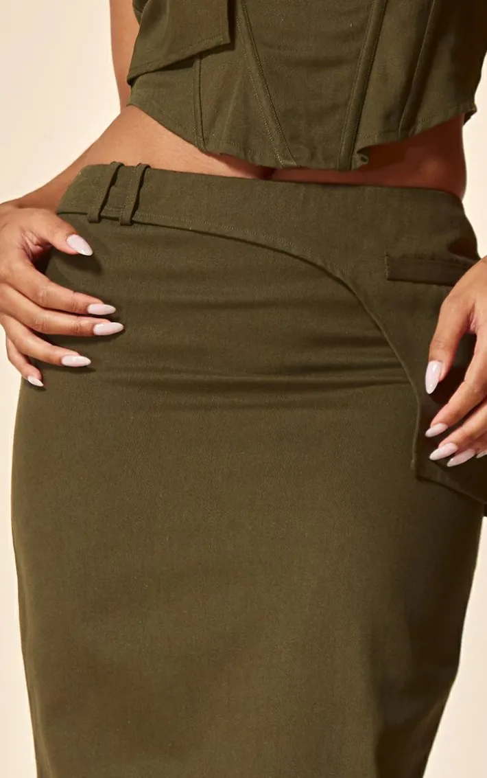 PLT Label Khaki Twill Panel Detail Maxi Skirt